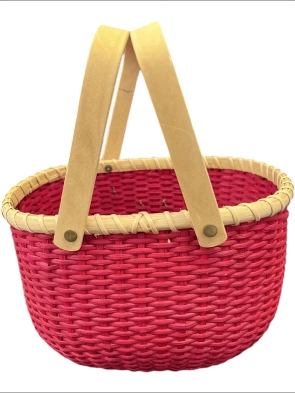 Vintage Red Woven Peterboro Oval Basket With Sugared Fruit & Double Handles